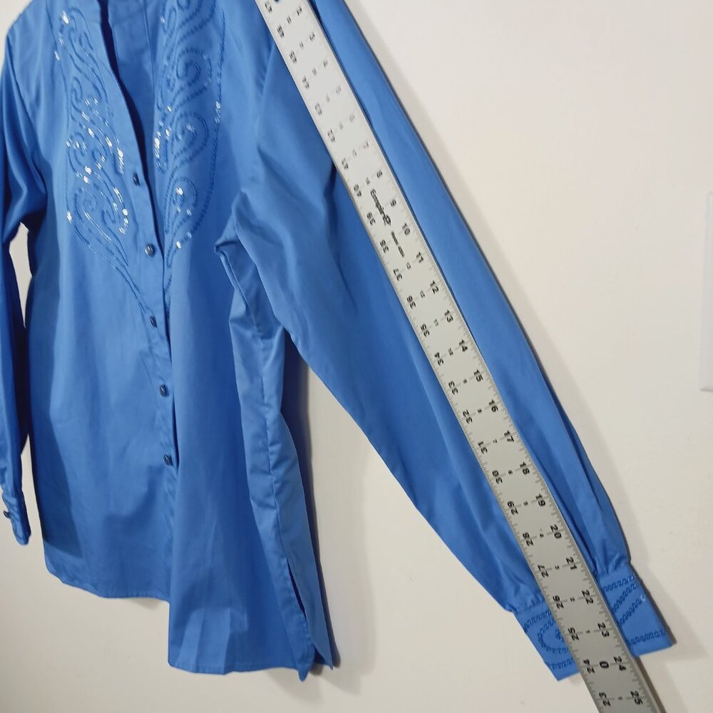Bob Mackie NWT, Size Med., Blue, Button Down Shirt W/ Sequins & Mandarin Collar - Picture 14 of 16